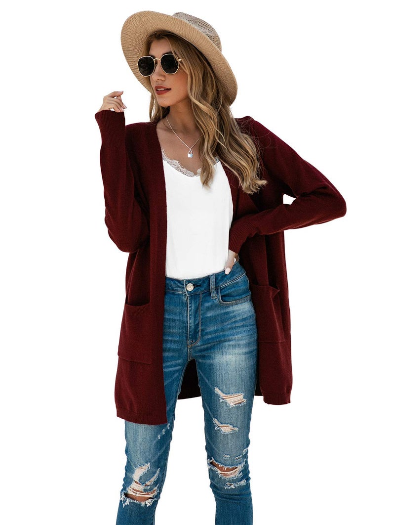 TASAMO Women's Loose Open Front Long Sleeve Solid Color Knit Cardigans Sweater Blouses with Packets (X-Large,Wine red) - Image 3